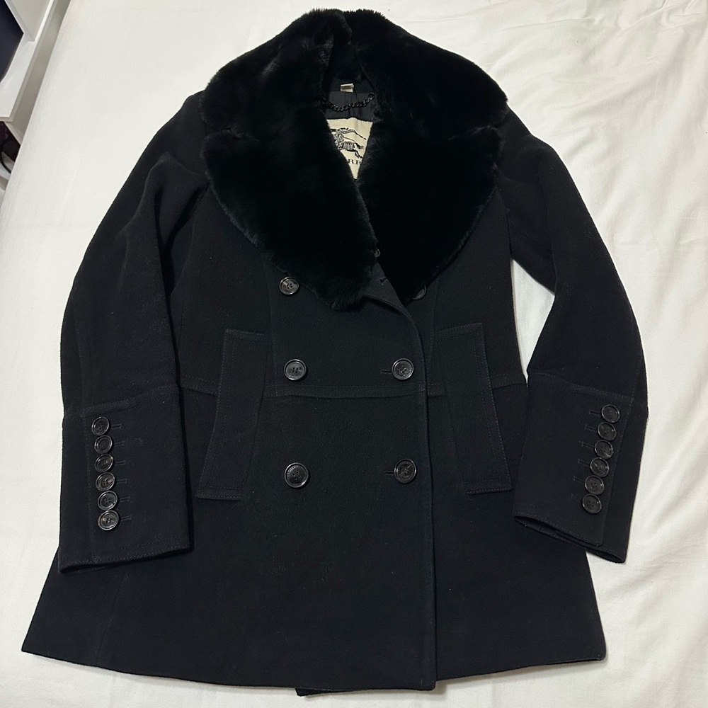 Burberry Black Double-Breasted Wool Pea Coat with Fur Collar